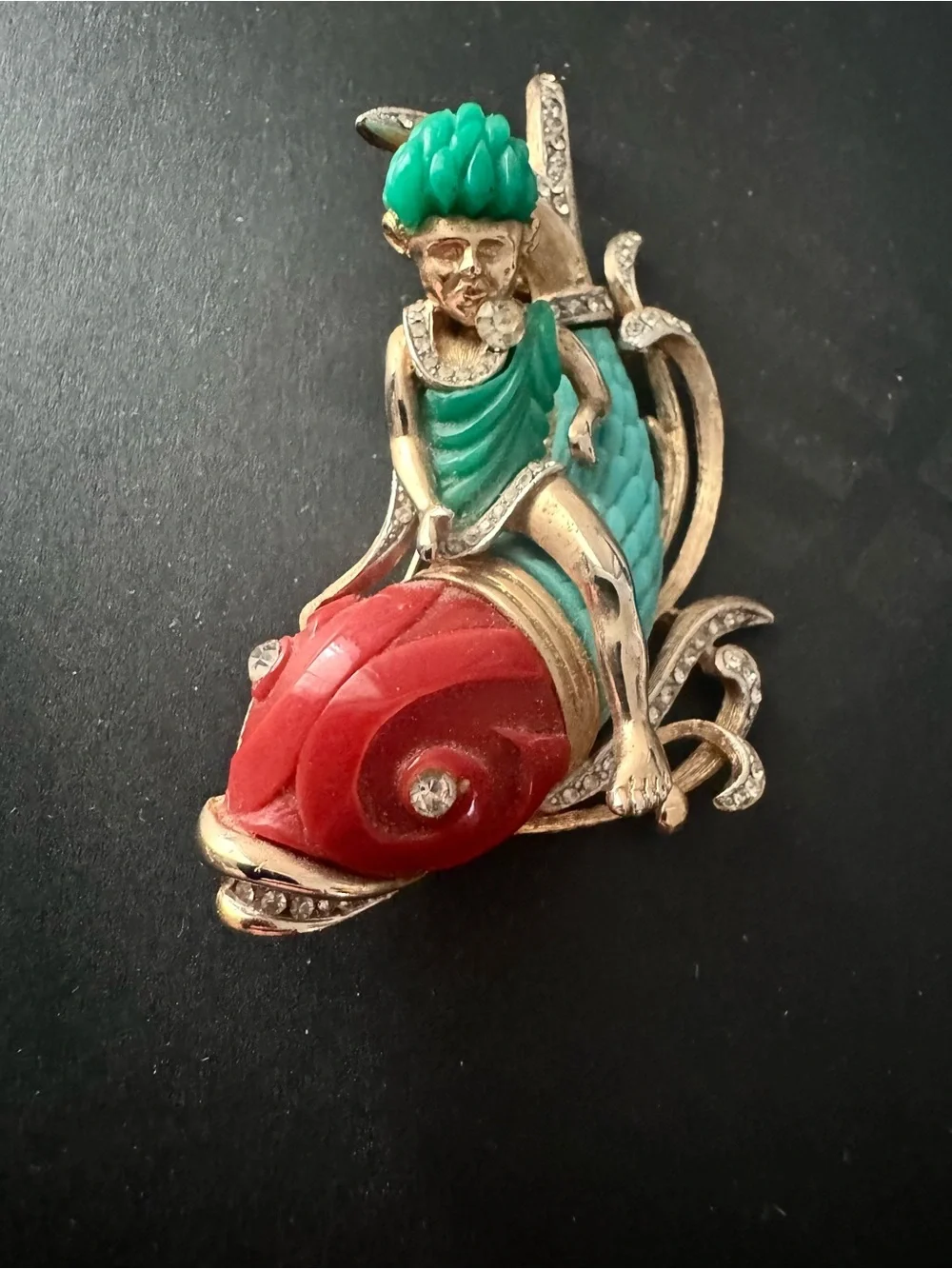 Vintage Unsigned Carnegie Figural Faux Jade Boy Riding Dolphin Fish Brooch Pin